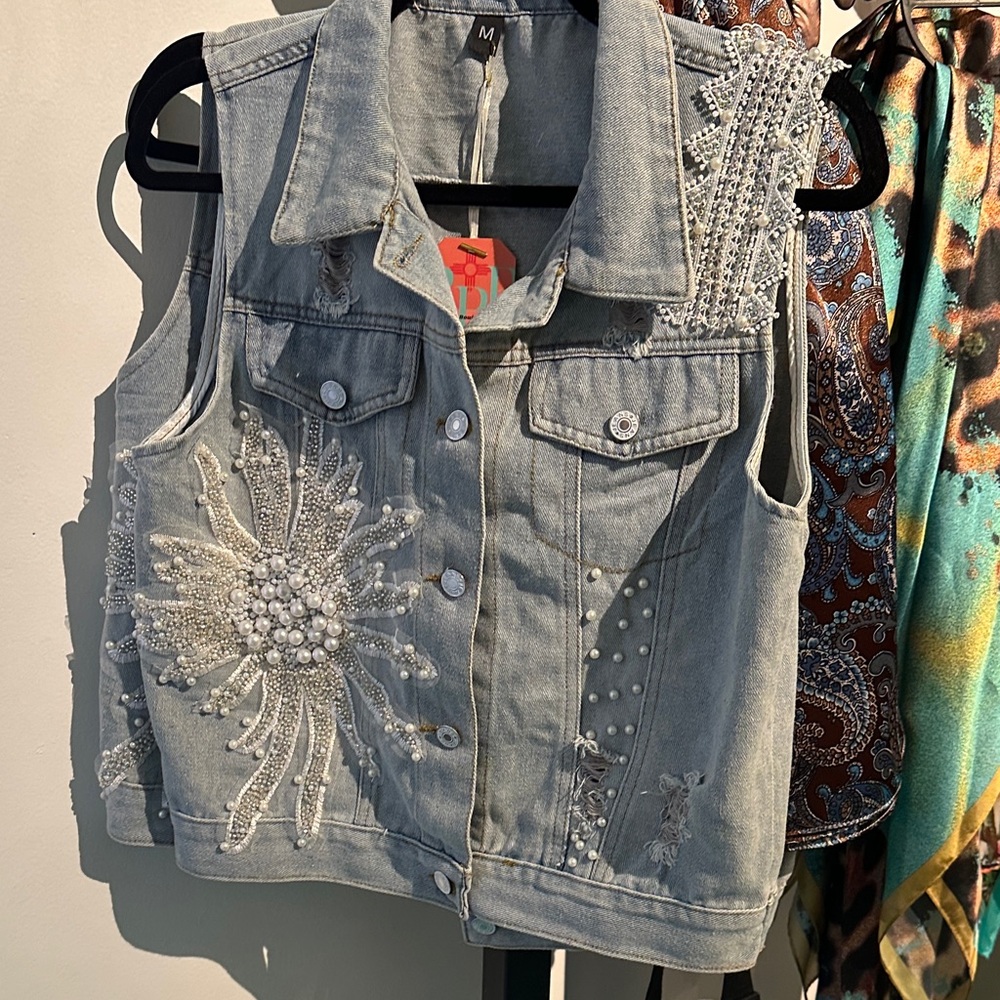 Embellished Denim Vest with Pearl Details